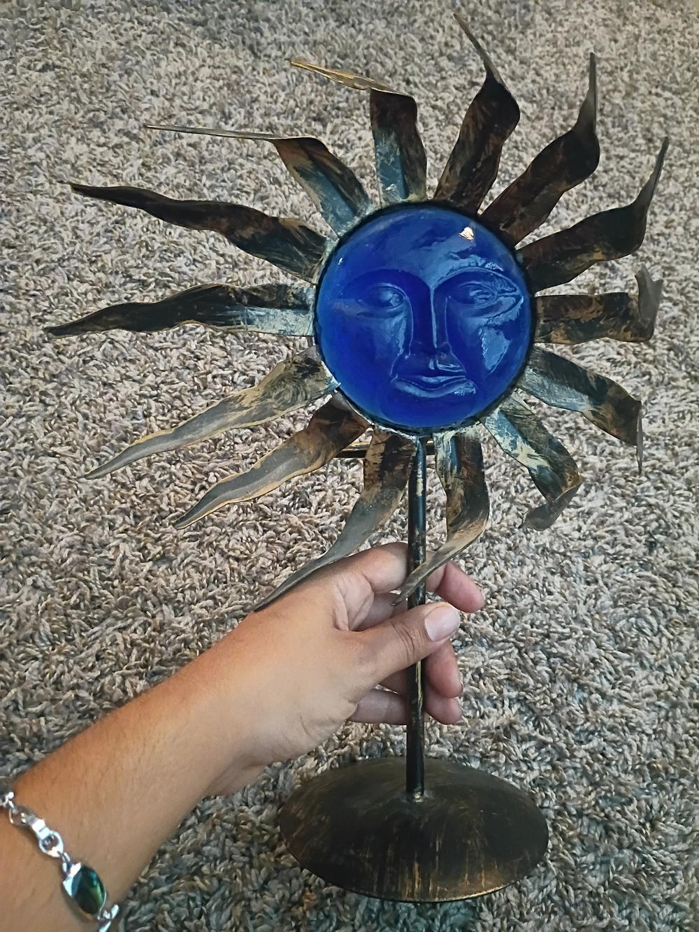 Metal Sun Face with Blue Glass Center - Home Art Decor Wismygoth, Celestial